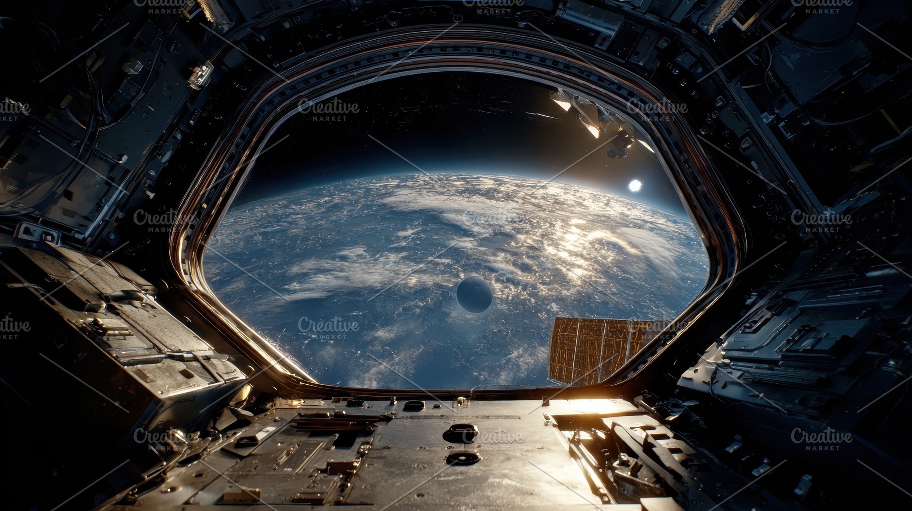 Spacecraft Window View Earth Moon Su, a Photo by Pixeness Studio