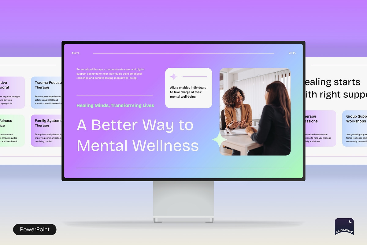 Mental Health Therapy Pitch Deck, a Presentation Template by Claymoon Lab (Photo 1 of 7)