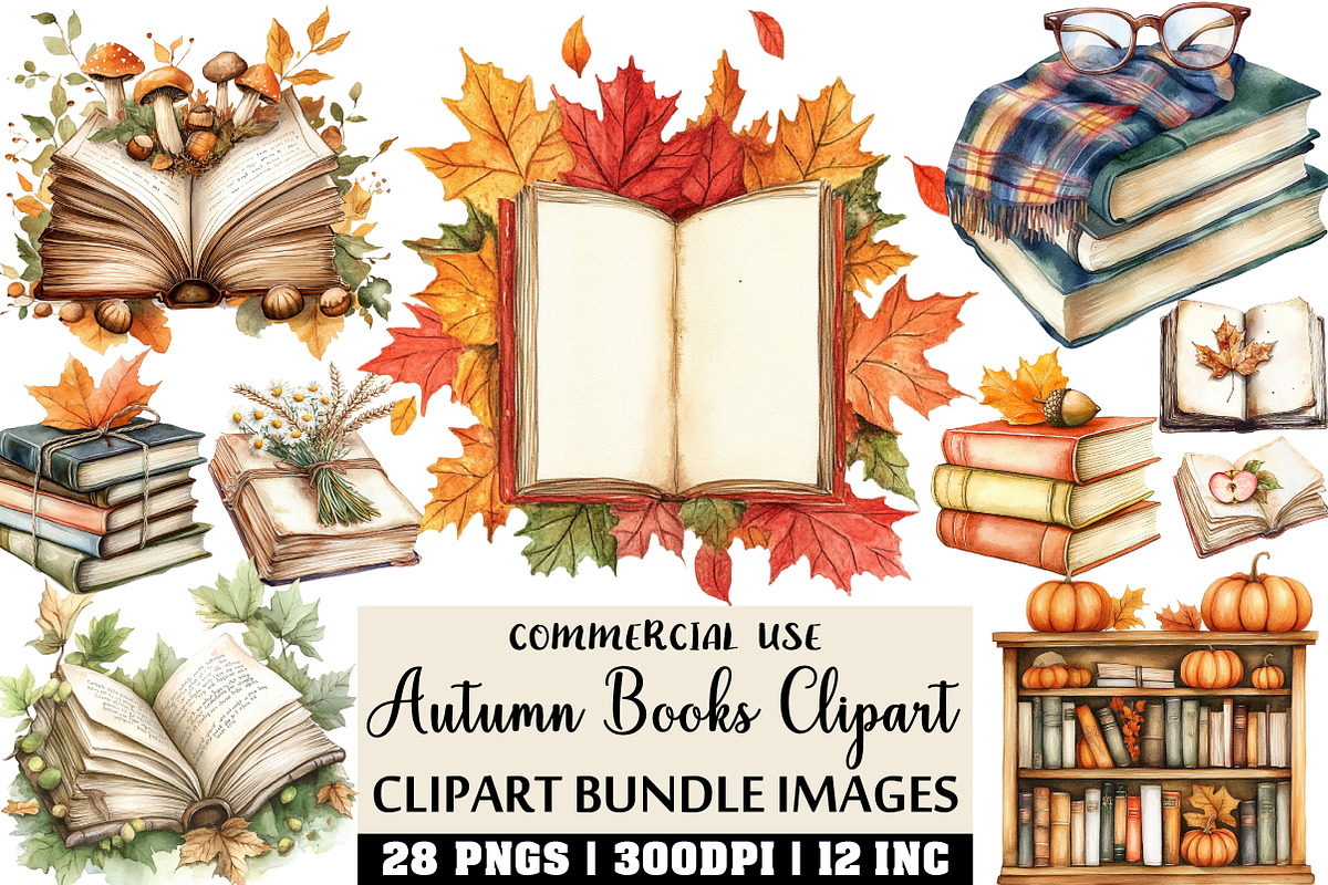 Watercolor Autumn Books Clipart, an Illustration by Craft Nest (Photo 1 of 6)