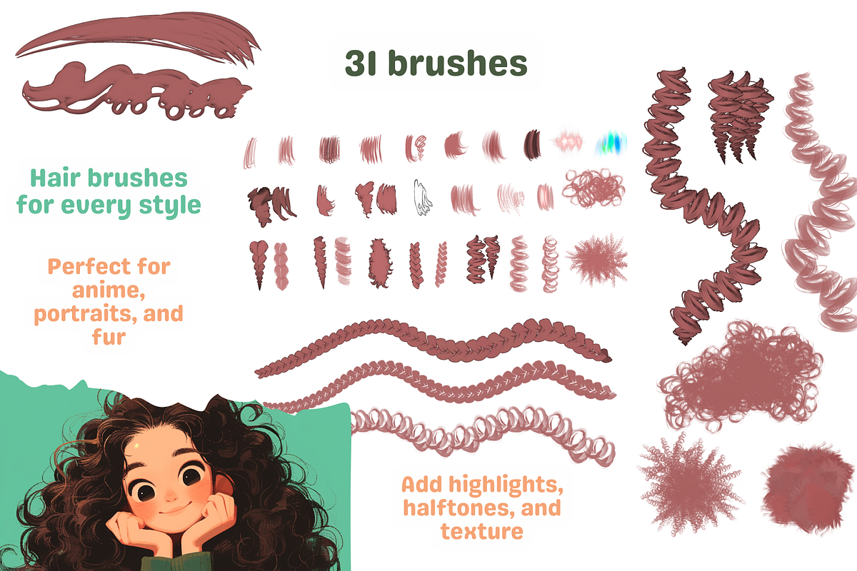 Perfect Hair Brushes for Procreate, a Brush Add-On by Cozy Brushery (Photo 3 of 9)