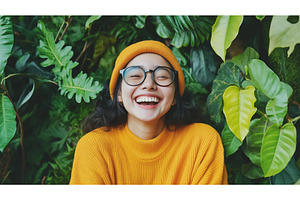A joyful Asian woman wearing glasses, a Person Photo by Sergey Kotenev