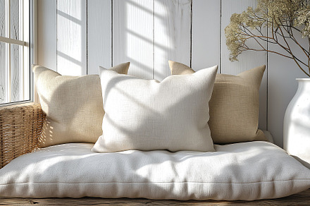 Cozy living space with soft beige pillows on a rustic bench, bathed in warm sun, a Business Photo by ImageMir