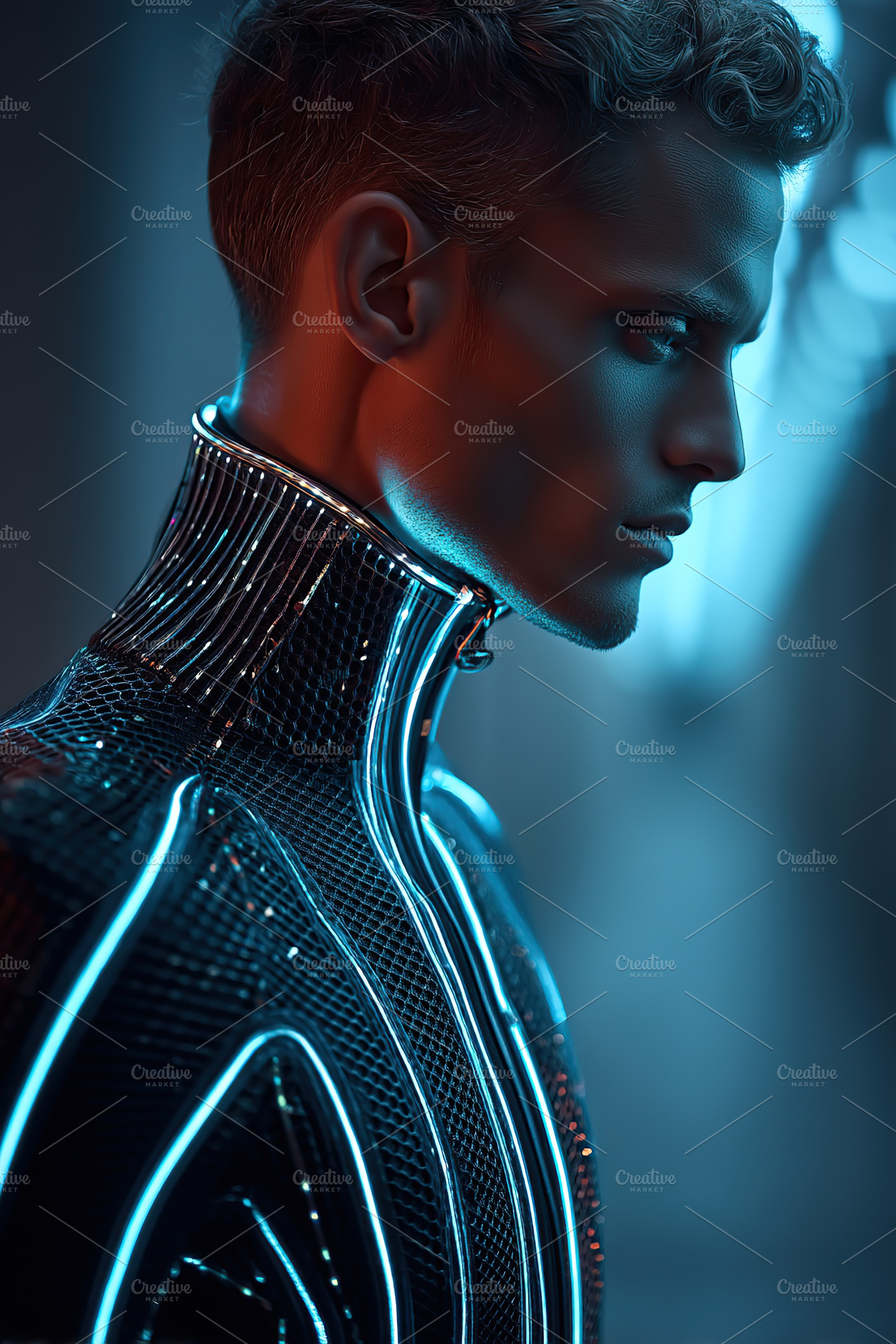 Young European man wearing a futuristic outfit with glowing accents in a styliz, a Person Photo by AlyaAnd