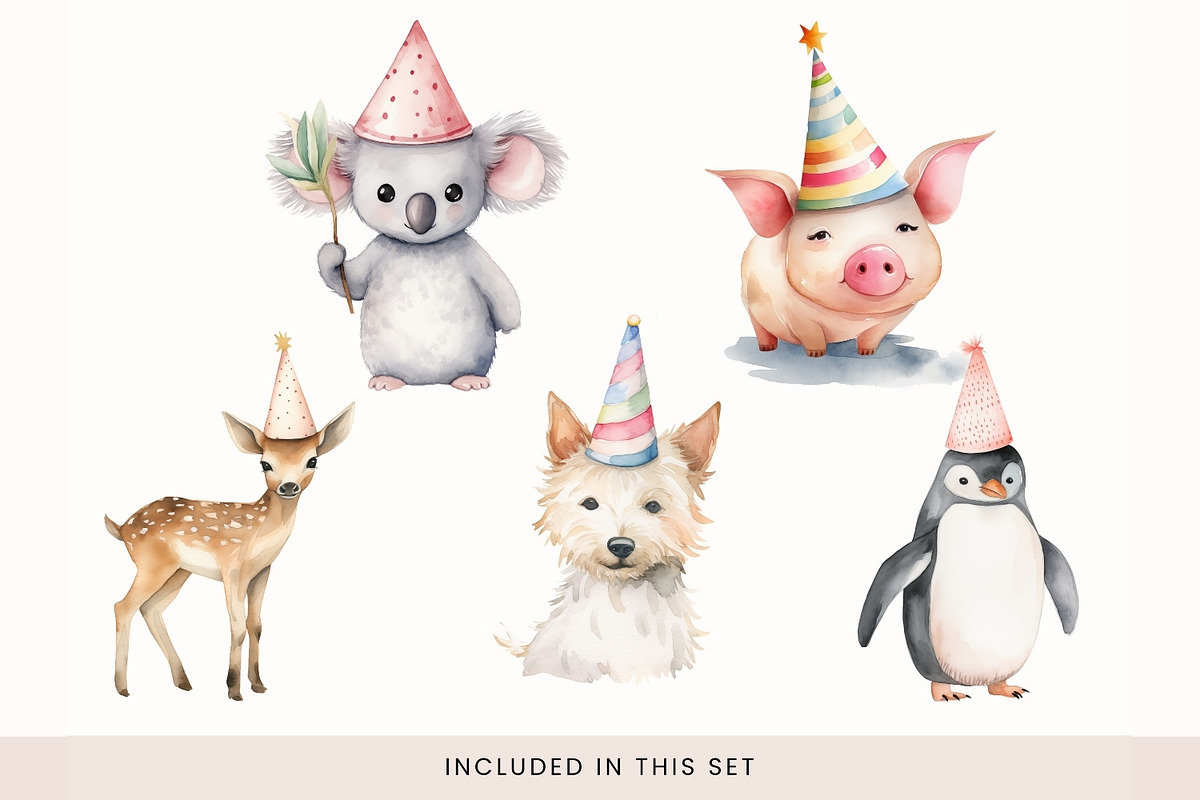 Animals in Party Hats Clipart, Cute, a Decorative Illustration by illuztrate (Photo 2 of 8)