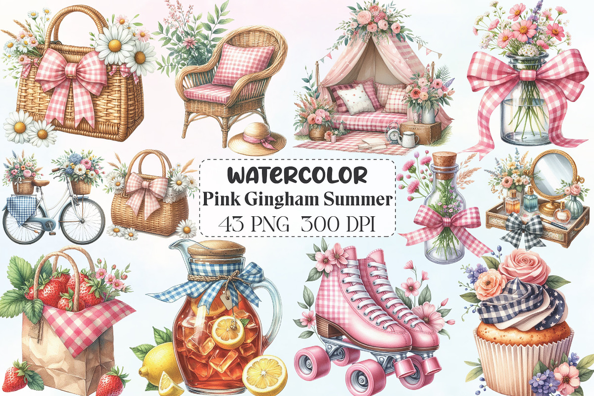 Bohemian Pink Gingham Summer Clipart, an Illustration by CraftArtStudio (Photo 1 of 6)