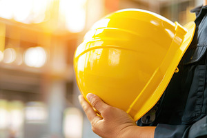 Yellow safety helmet in worker hands on blurred background, an Industrial Photo by AlyaAnd