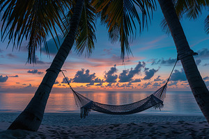 Beach hammock hanging between palm trees on sunset background, a Photo by AlyaAnd
