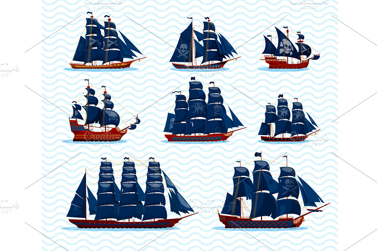 Cartoon pirate sail ships boats, a Transportation Illustration by Vector Tradition