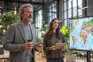 Man and woman discussing global stra, a Photo by Pixeness Studio