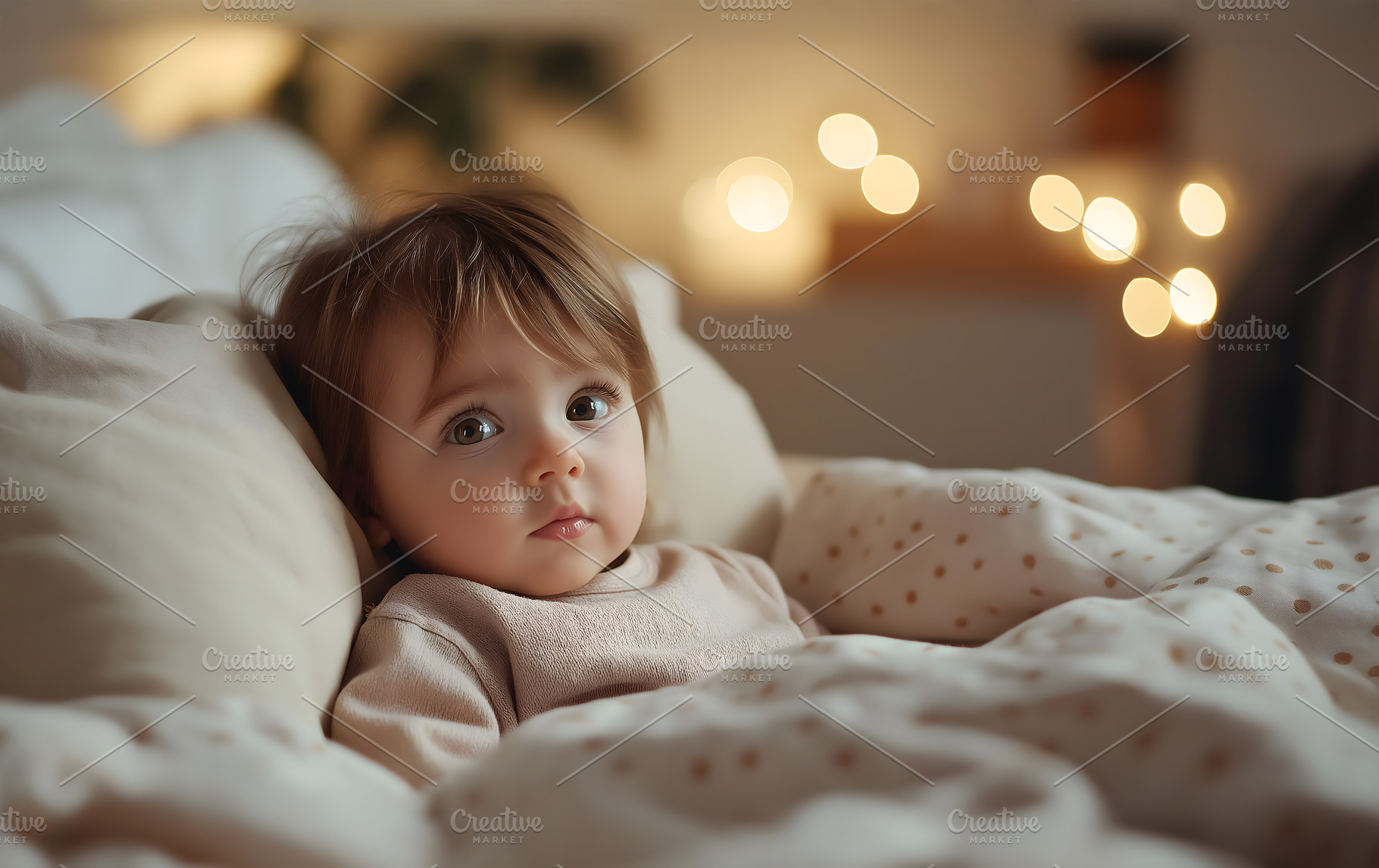 Sad little baby girl is lying in bed, a Person Photo by Lenor4ik