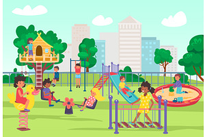 City playground in summer park, play