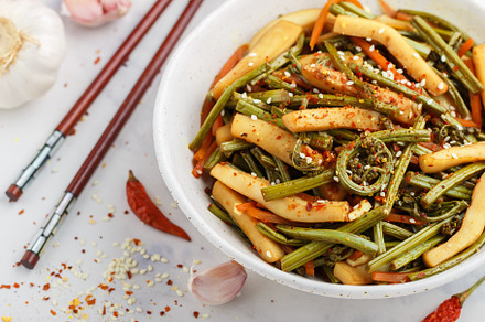 Sauteed bracken fern with squid, a Food & Drink Photo by La_Vanda