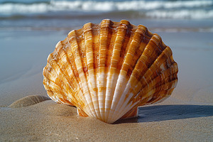 Close up of colorful seashell standing upright in wet sand on be, a Photo by José Manuel Gelpi