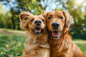 Labrador dogs taking a selfie on blurred green background, an Animal Photo by AlyaAnd