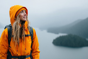 Woman in bright orange rain jacket, a Person Photo by MistyDay