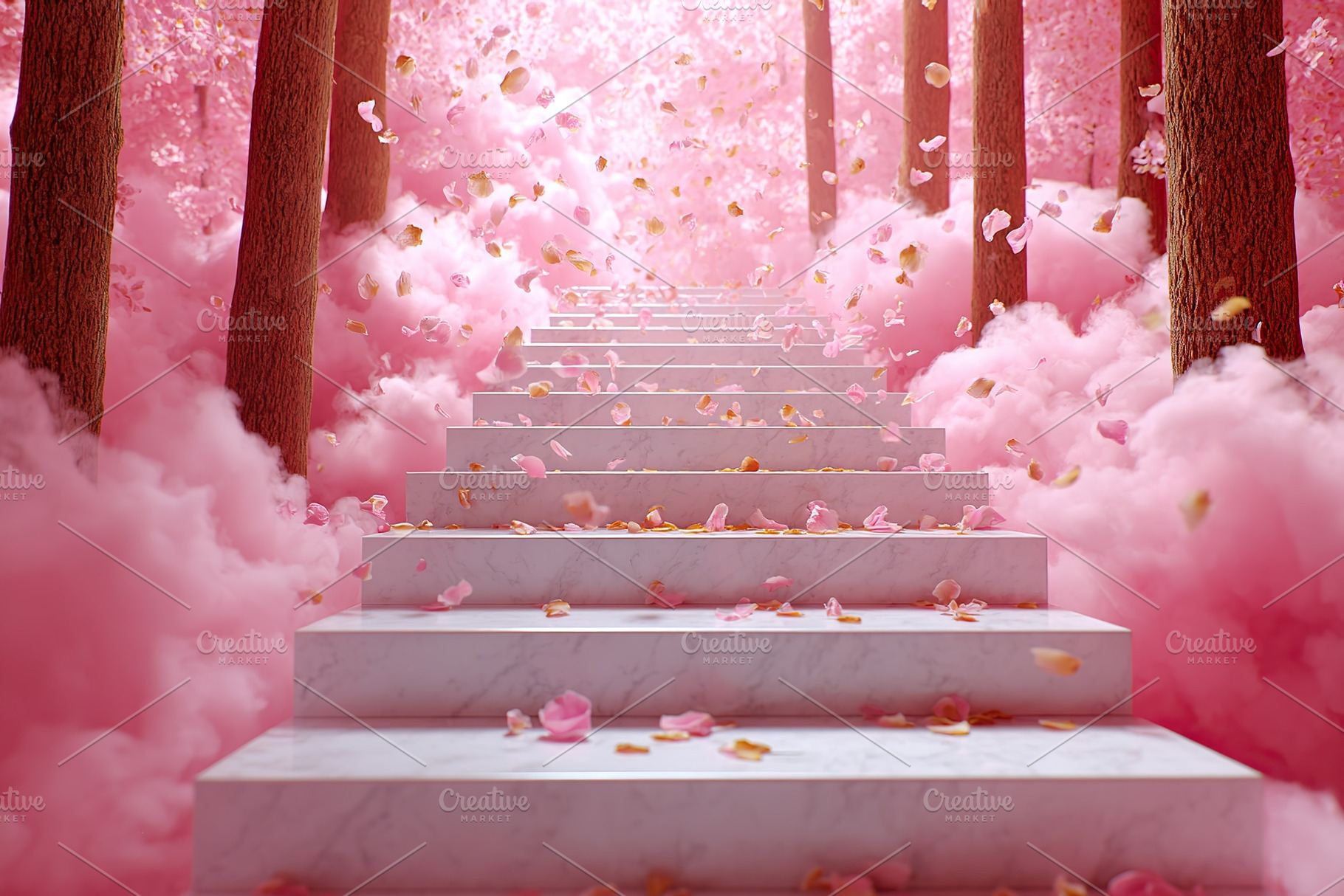 Stairs rising through a dreamy pink forest with floating petals and soft clouds, a Photo by AlyaAnd