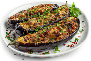 Eggplant stuffed with cheese and meat in plate, a Food & Drink Photo by AlyaAnd