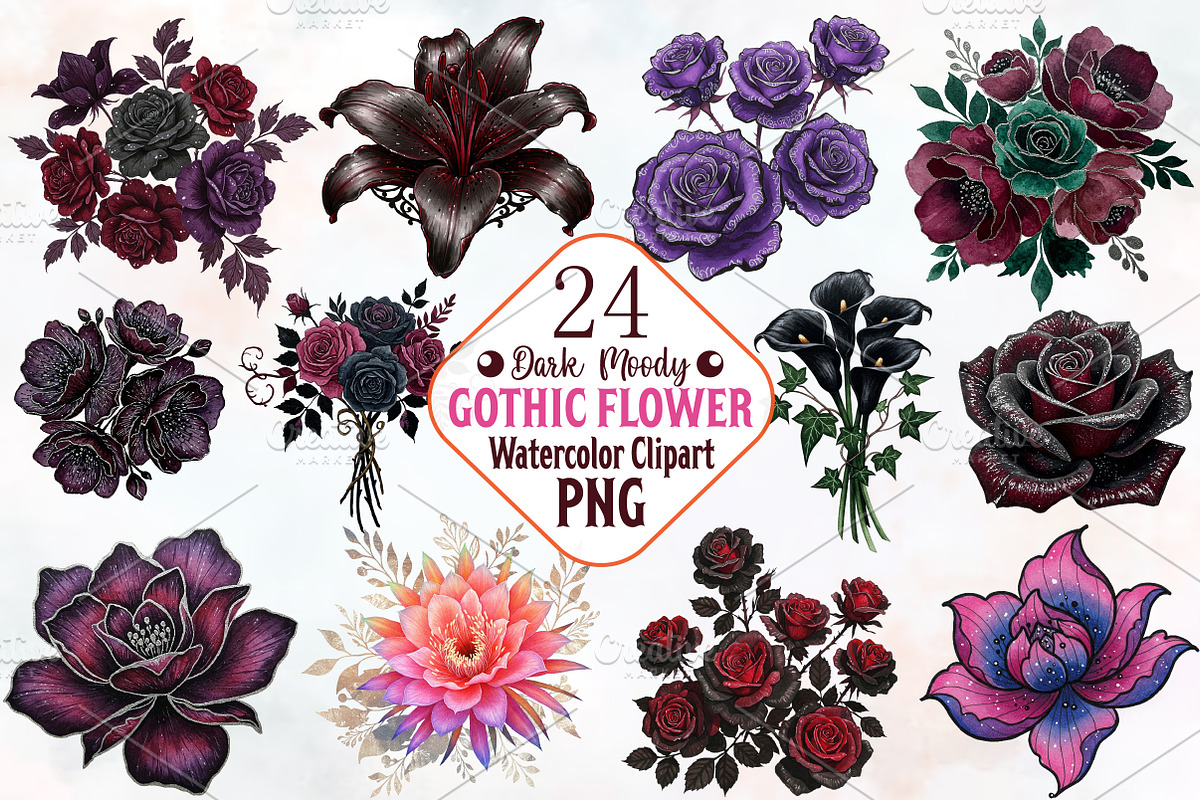 Dark Moody Gothic Flower Clipart, an Illustration by RobertsArt (Photo 1 of 7)