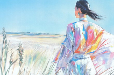 A woman in a colorful kimono stands in a vast field, with her back to the viewe, an Arts & Entertainment Photo by Textures & Backgrounds