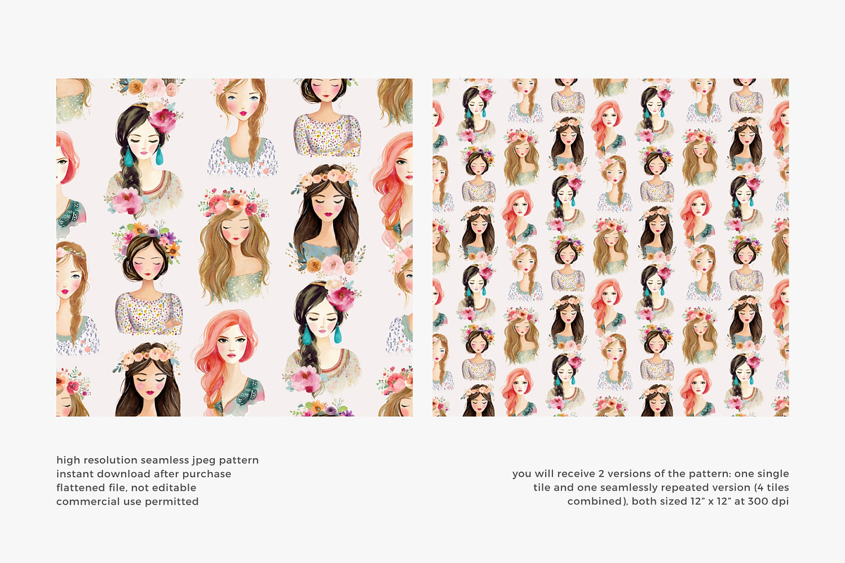 Boho girls seamless pattern, a Pattern Graphic by Pink Studio Art (Photo 2 of 4)