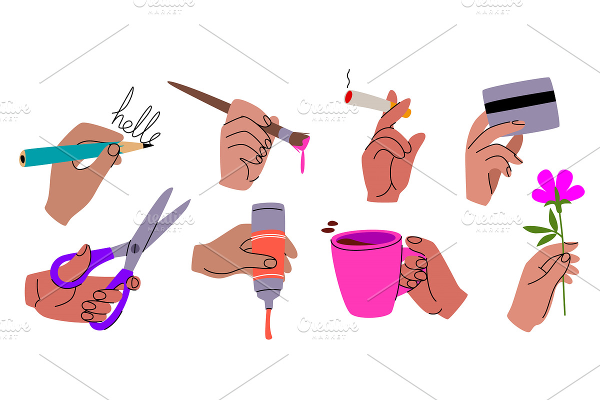 Hands holding objects doodle set, a Person Illustration by art PVP - market