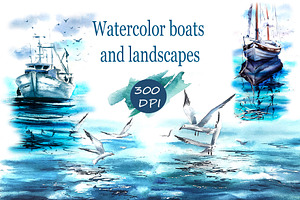 Watercolor sea ocean boat clipart