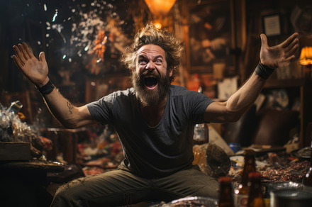 Angry Man Shouting and Drinking Alcohol in a Messy Room with Intense Expression