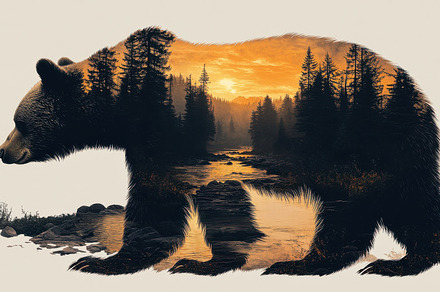 Bear silhouette filled with forest,, an Animal Photo by Pixeness