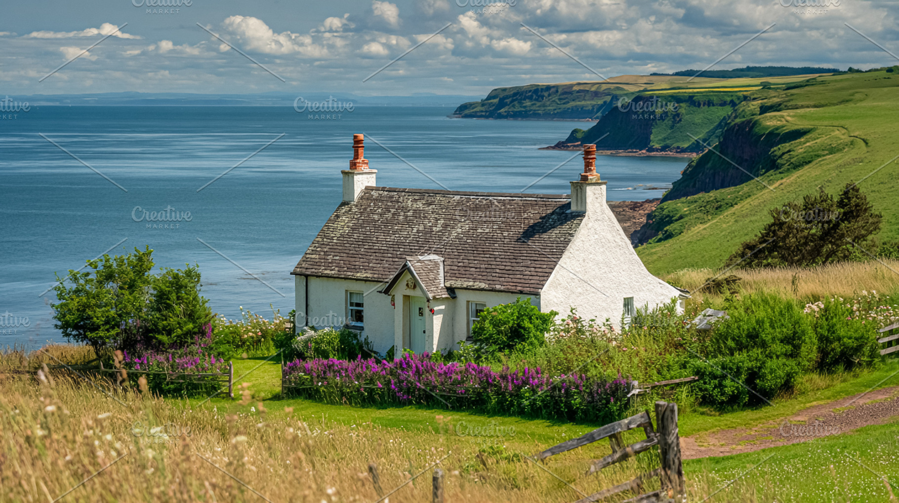 White cottage standing on a coastal cliff overlooking the calm s, a Photo by Studio ANNA
