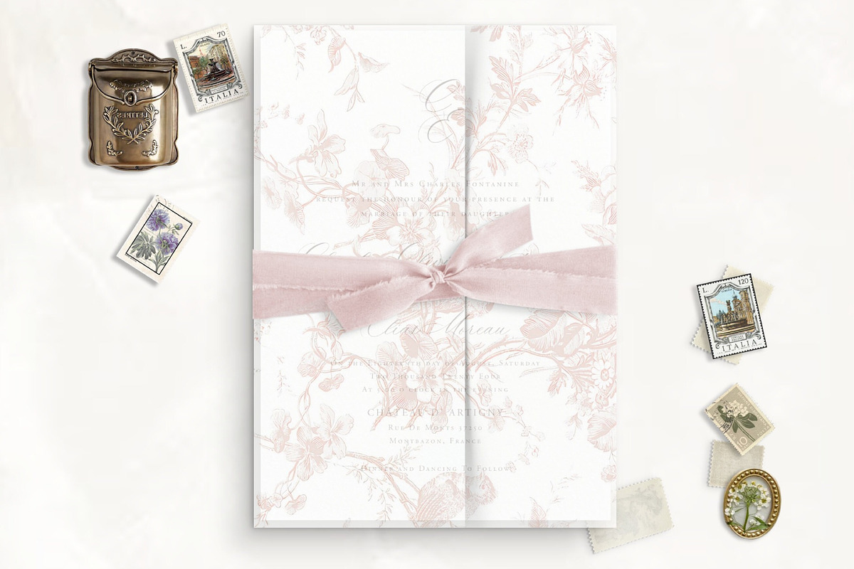 Peony Pink Rose Toile Vellum Jacket, a Stationery Template by SilverJoyAtelier (Photo 1 of 3)