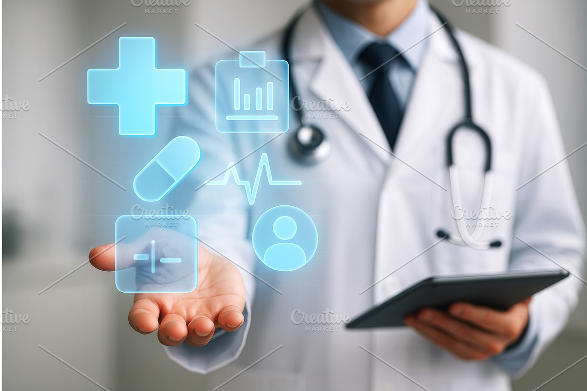 A doctor in a white coat holding a, a Technology Illustration by Sergey Kotenev