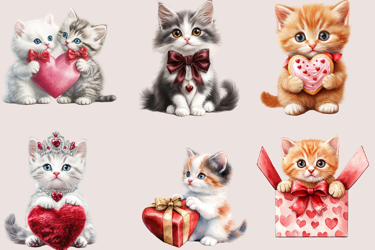 Valentine Cats Clipart PNG Bundle, a Seasonal Illustration by SVGArt (Photo 2 of 5)
