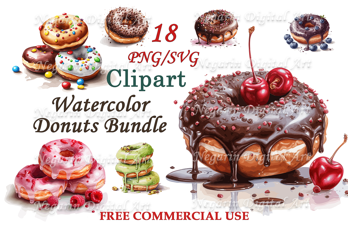 Sweet Watercolor Donuts Clipart, an Object Graphic by Negarin Digital Art (Photo 1 of 9)