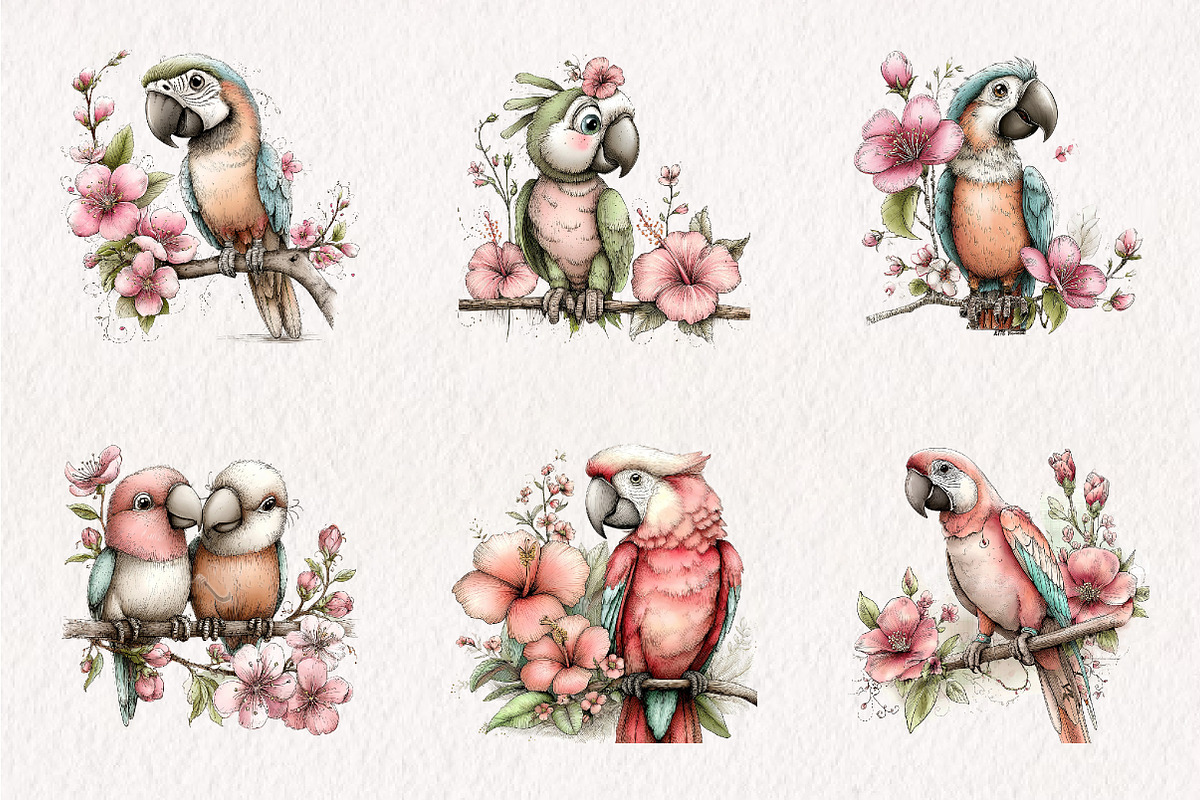Whimsical Spring Macaws Clipart, an Illustration by CreationArt (Photo 7 of 7)
