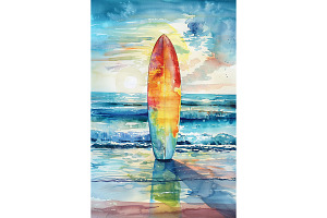 Sunset Surfboard Watercolor Art, a Decorative Illustration by Art Paradise Studios