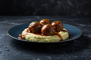 Meatballs in brown gravy served over, a Food & Drink Photo by professorinc