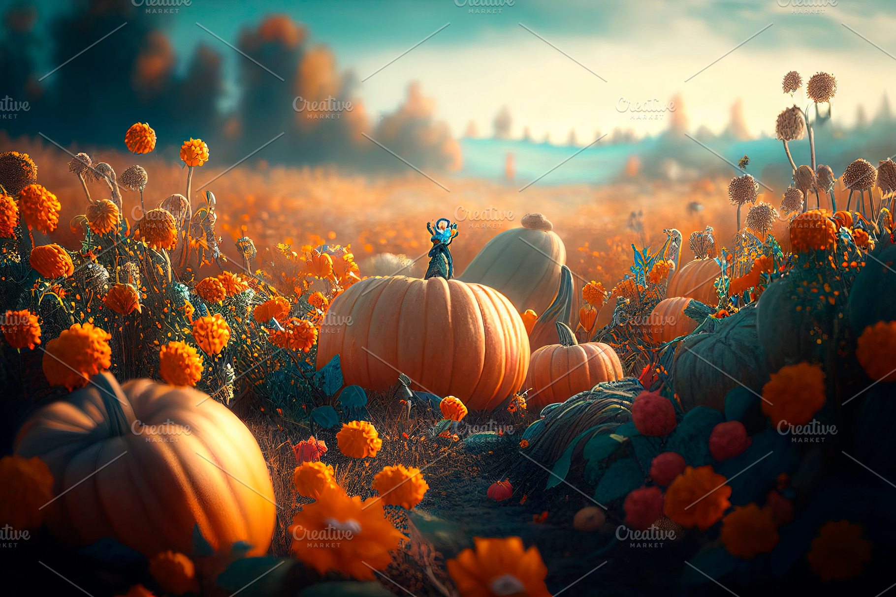 Thanksgiving pumpkins flower field, a Holiday Photo by hitdelight
