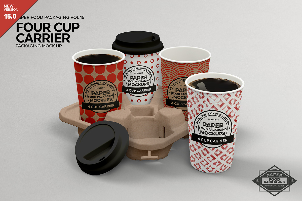 4-Cup Carrier Packaging Mockup, a Cups & Container Mockup by INCDesign (Photo 1 of 8)