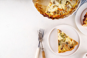 Vegan quich tart pie with various summer seasonal vegetables, a Food & Drink Photo by Rimma