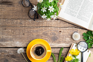 Open book cup of coffee flowers featuring book, coffee, and cup
