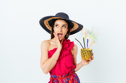 Surprised elegant young woman wearing summer pink clothes and st, a Person Photo by progressman