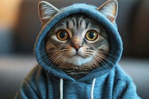 Cat wearing a hoodie. Close up of a, an Animal Photo by Pixeness Studio