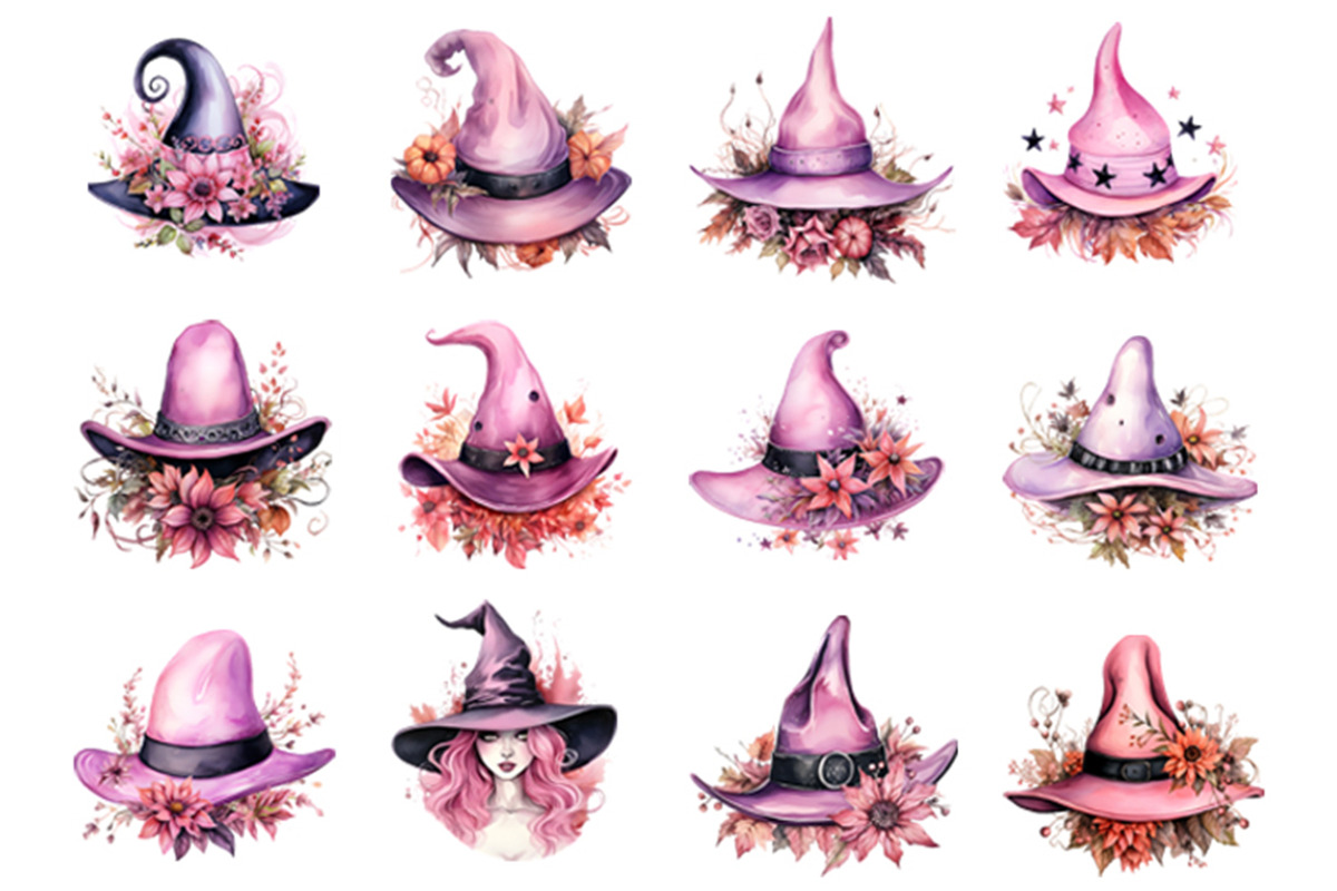 Watercolor Pink Witch Hat PNG Bundle, a Seasonal Illustration by Creative Arslan (Photo 2 of 6)