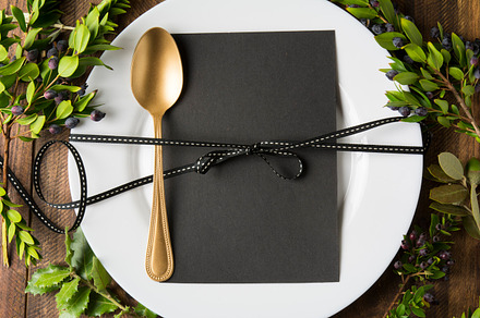 Menu place setting with empty card containing christmas, place, and setting, a Food & Drink Photo by SZ IMAGE