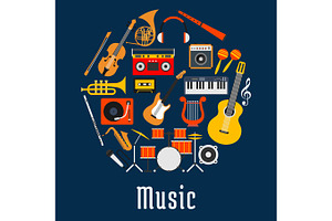 Music round symbol with musical instruments, an Illustration by Vector Tradition