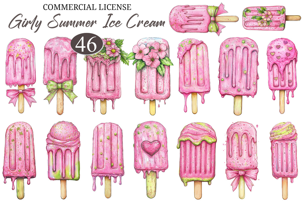 Pink Girly Summer Ice Cream Clipart, an Illustration by designcity5 (Photo 1 of 5)