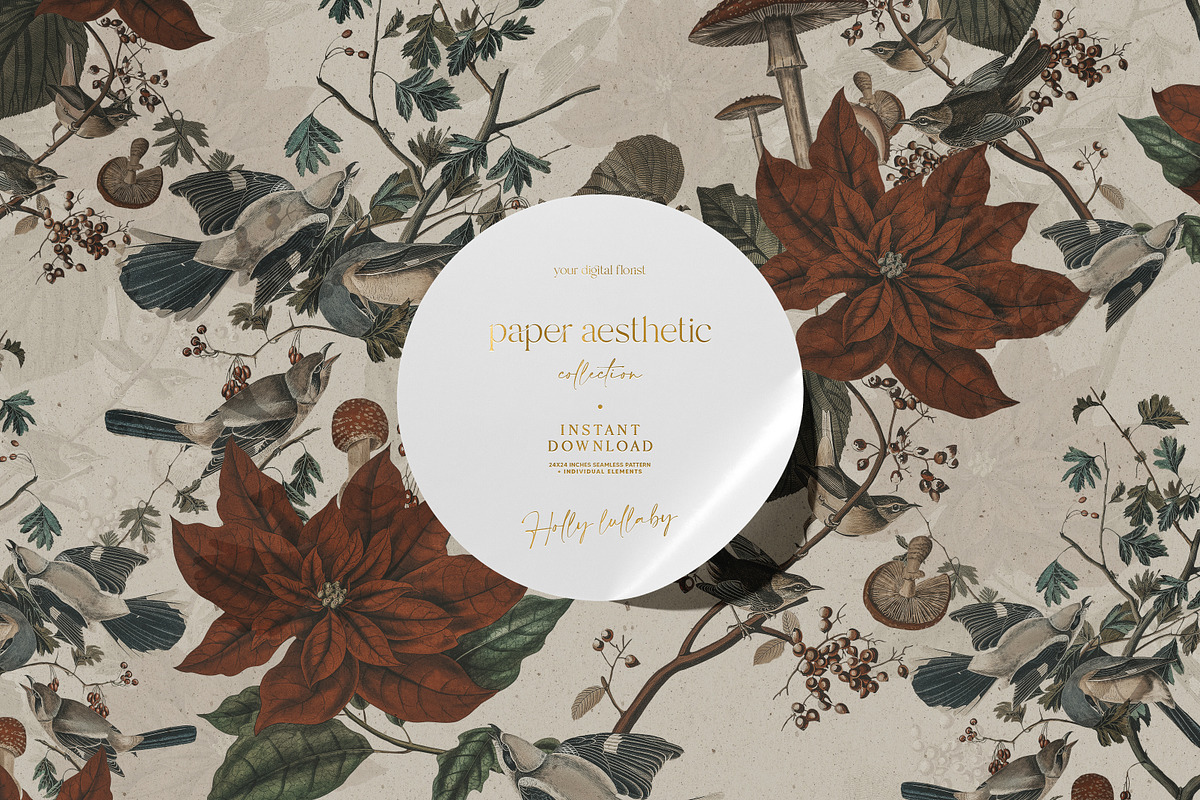 Christmas Flowers and Birds Pattern, a Pattern Graphic by paper aesthetic (Photo 1 of 7)