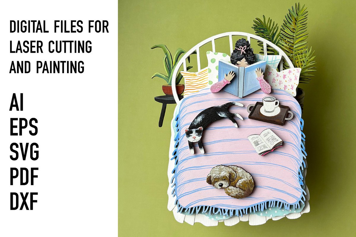 Cozy Reading Girl cat dog Layered, an Object Graphic by HelloWood (Photo 1 of 3)