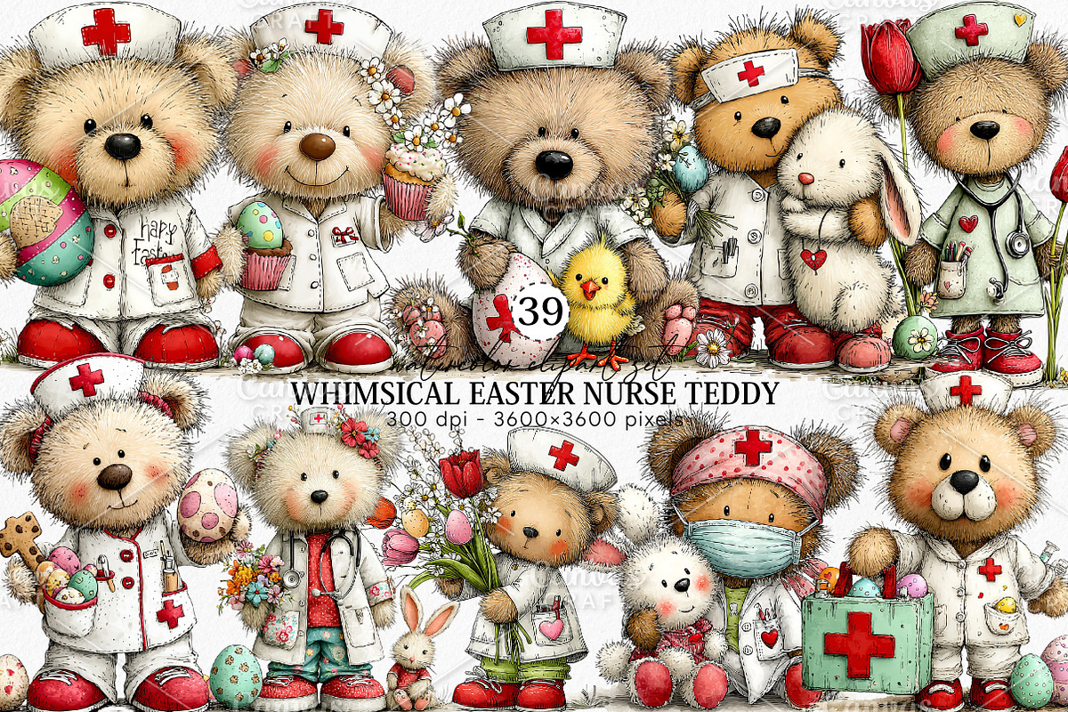 Whimsical Easter Nurse Teddy Clipart, an Illustration by Canvas Craft (Photo 1 of 7)