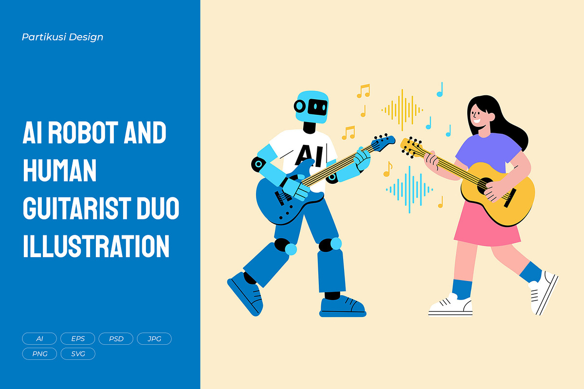 AI Robot and Human Guitarist, a Technology Illustration by Partikusi Design (Photo 1 of 3)